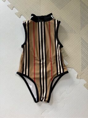 Burberry Tan Striped Kids One-Piece with Black Trim